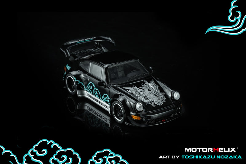 Load image into Gallery viewer, MotorHelix - RWB 964 (Black) (Silver-Fenix) 1/64 Scale Diecast Model Car (M62102)
