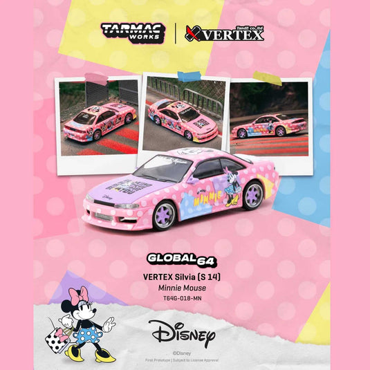 Tarmac Works - Global64 - Vertex Silvia S14 (Minnie Mouse) 1/64 Scale Diecast Model Car (T64G-018-MN)